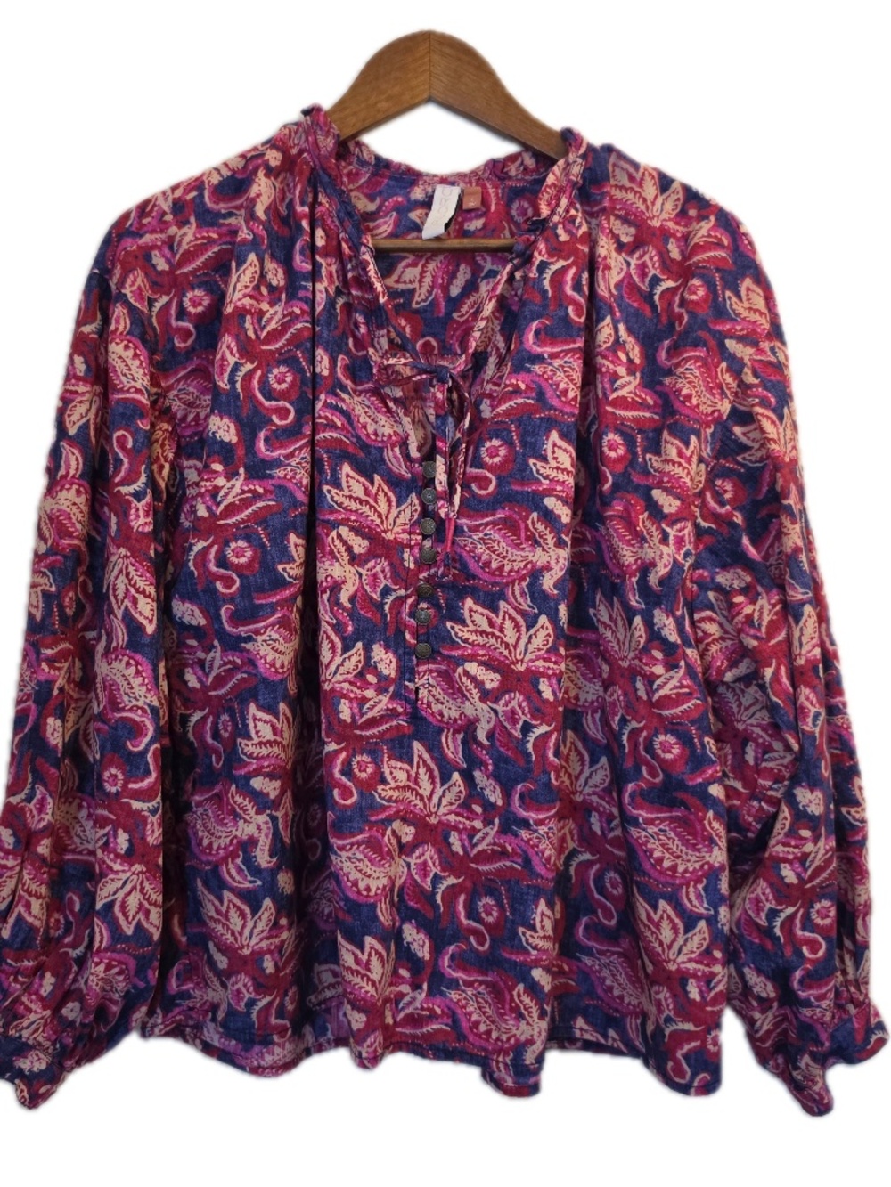 Pilcro Blouse Womens L Pink Paisley V-Neck Balloon Sleeve Rayon Tunic Button